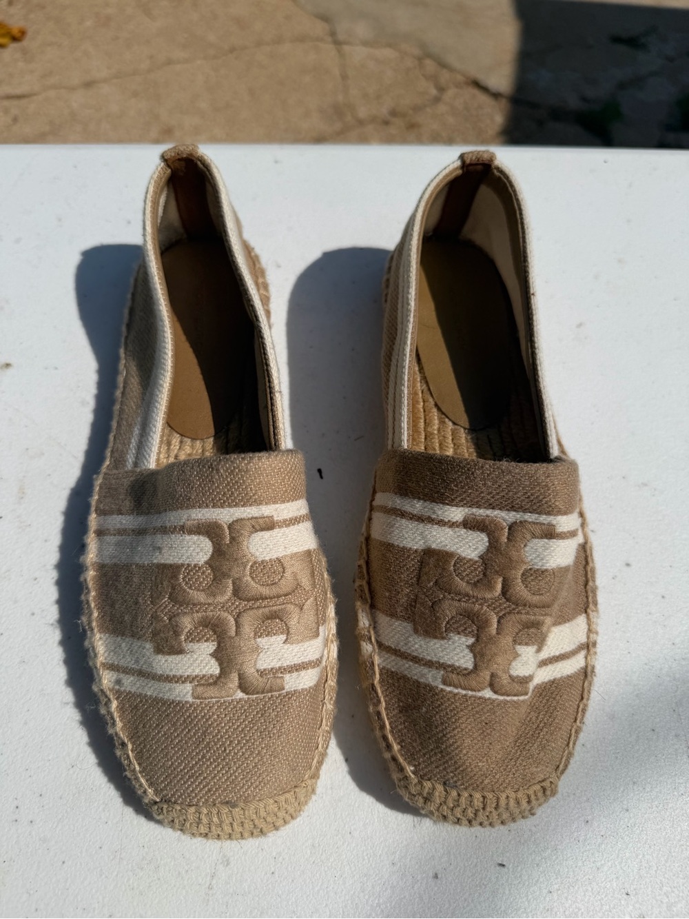 Tory Burch Tan and White Embroidered Logo Espadrilles